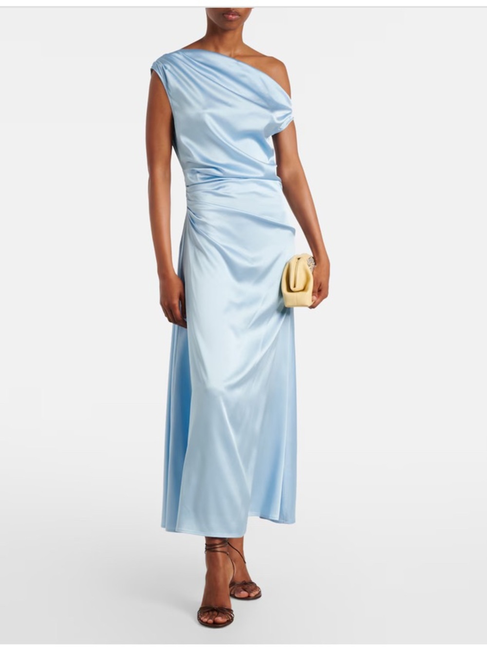 NWT Staud Phare Silk Blend Ruched Long Midi Off Shoulder Dress Size 8 Ice Blue